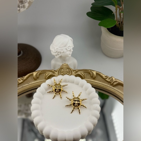 Gold Sun Face Statement Earrings – Artistic Celestial Jewelry - Picture 3 of 5